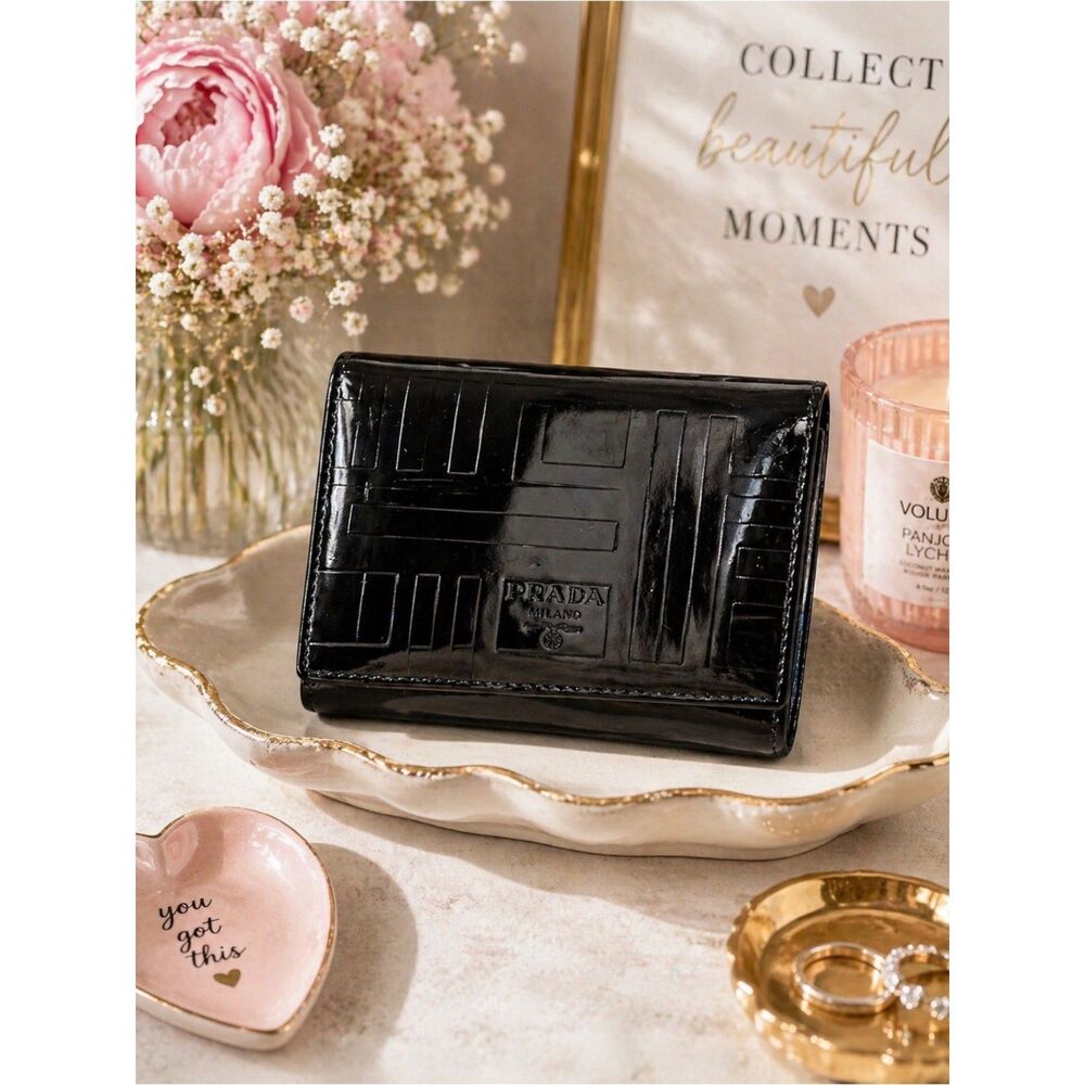 Prada Patent Leather Wallet Black Bifold Snap Closure